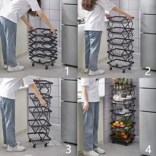 4 Layer Adjustable Foldable Movable Storage Rack for Kitchen Use