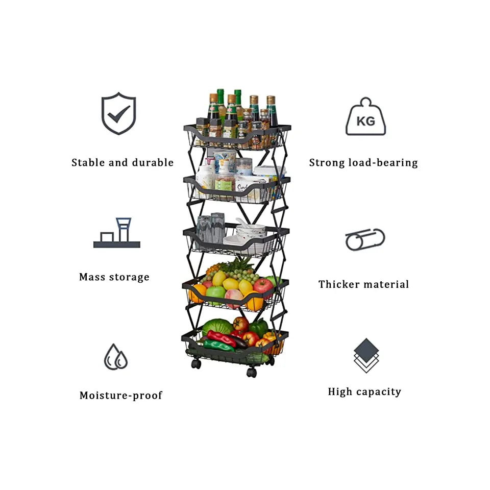 5 Layer Adjustable Foldable Movable Storage Rack for Kitchen Use