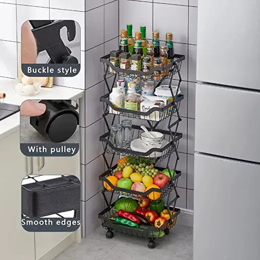 5 Layer Adjustable Foldable Movable Storage Rack for Kitchen Use
