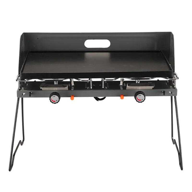 Portable & Foldable Windproof Double Head Butane Gas Stove with Plate for Outdoors & Camping