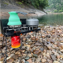 Portable & Foldable Windproof Double Head Butane Gas Stove with Plate for Outdoors & Camping