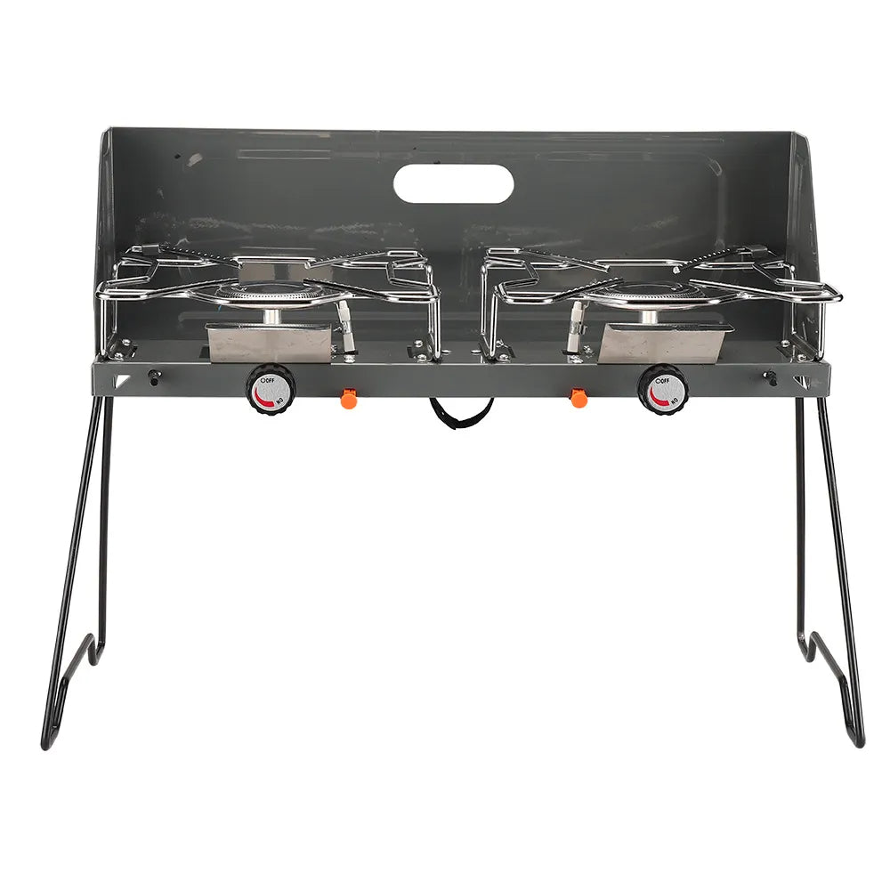 Portable & Foldable Windproof Double Head Butane Gas Stove with Plate for Outdoors & Camping