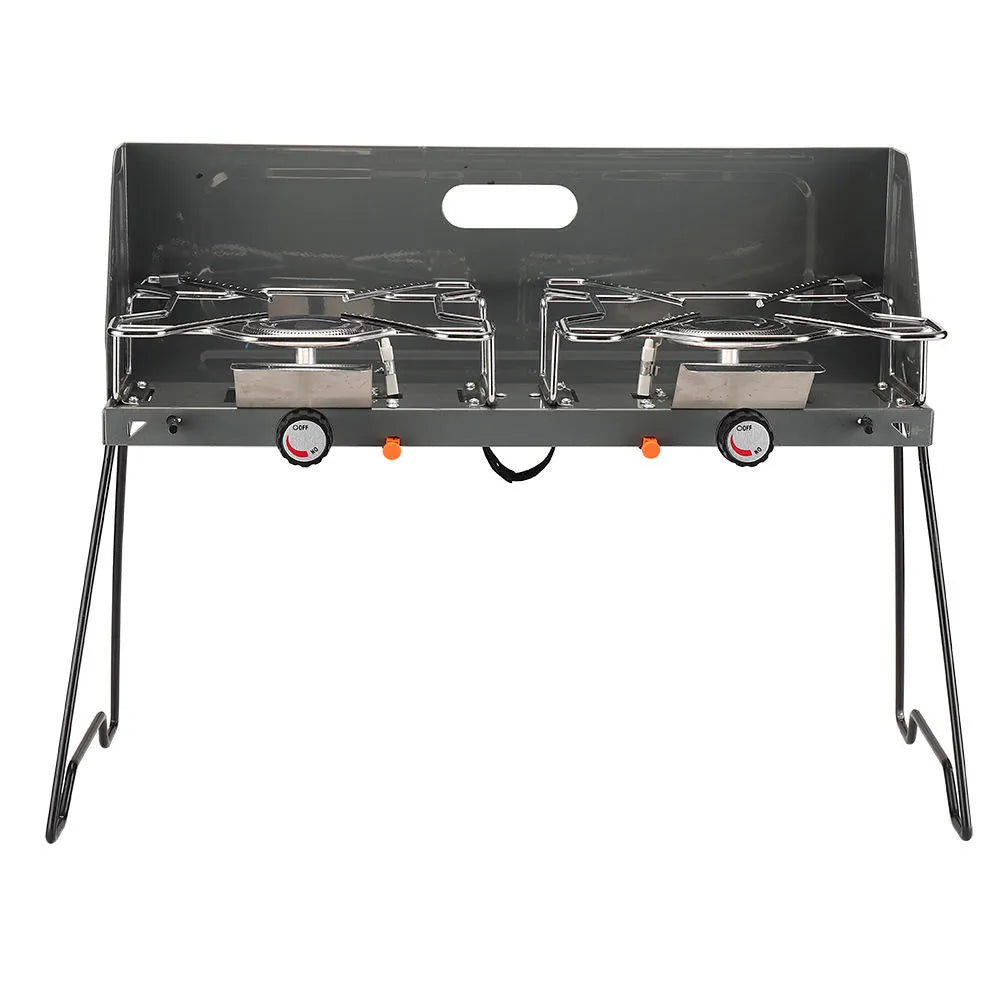 Portable & Foldable Windproof Double Head Butane Gas Stove with Plate for Outdoors & Camping