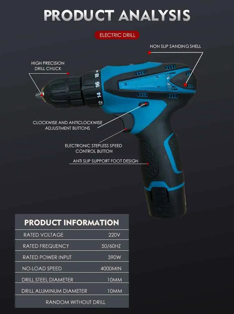 Portable High Precision 390W Cordless Electric Drill Tool Kit