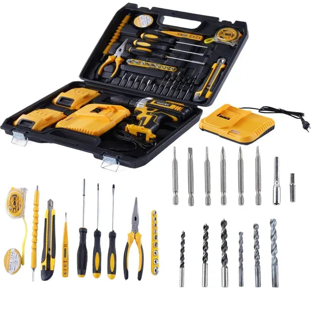 21V Cordless Drill Kit with Set of 2 Lithium Batteries & Essential Hand Tools - 34 Pcs Tool Set