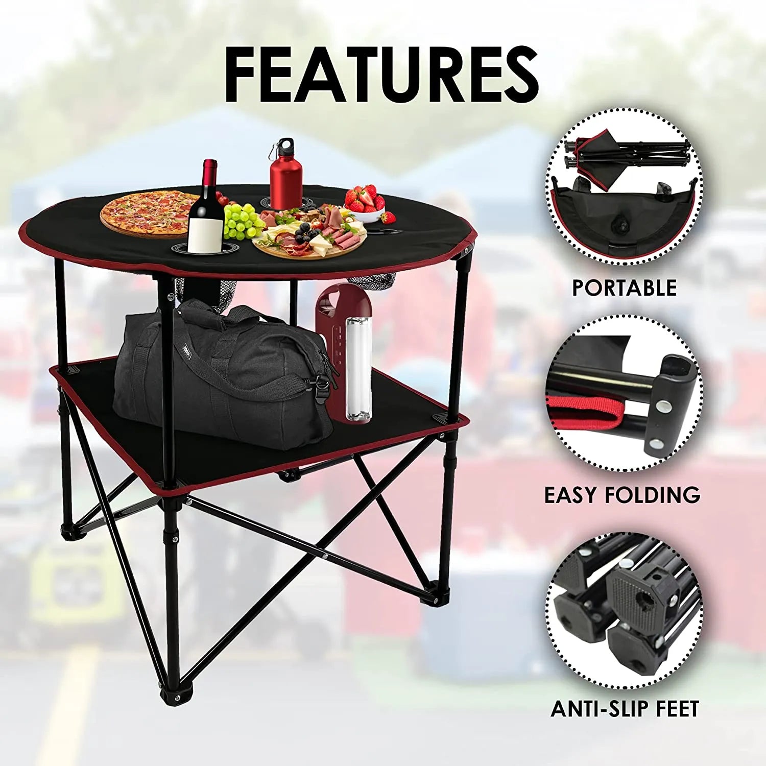 Portable Foldable Lightweight Outdoor Camping Table with 4 Cup Holders & Carry Bag for Picnic and Ga