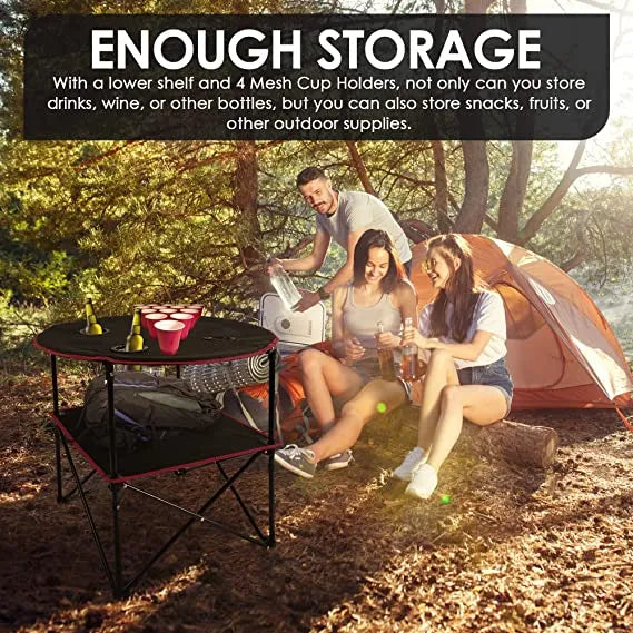 Portable Foldable Lightweight Outdoor Camping Table with 4 Cup Holders & Carry Bag for Picnic and Ga