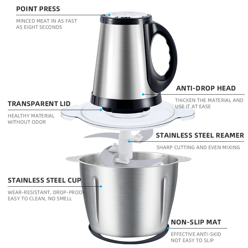 Powerful 2L 200W Electric Food Processor Grinder Blender Mixer Chopper for Meat, Fruits, Vegetables