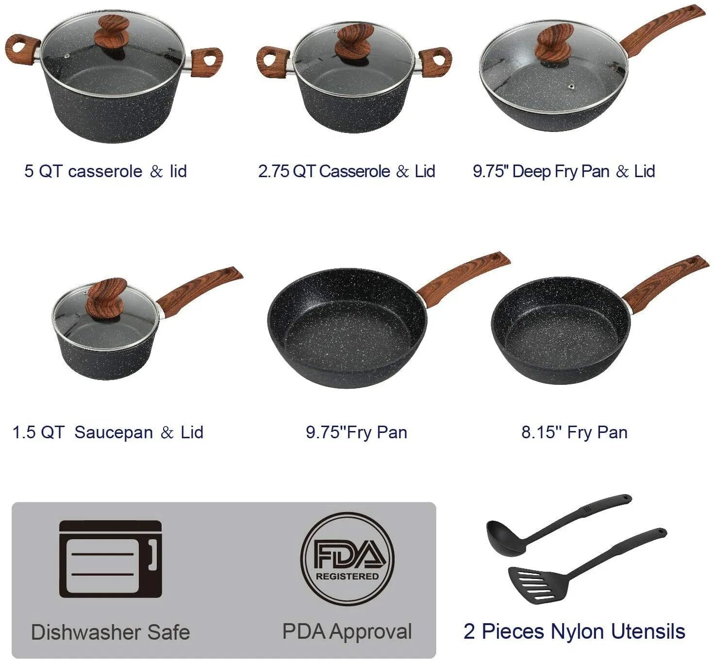 HotChef 12-Piece Granite Coating Non-Stick Cookware Set with Induction Base