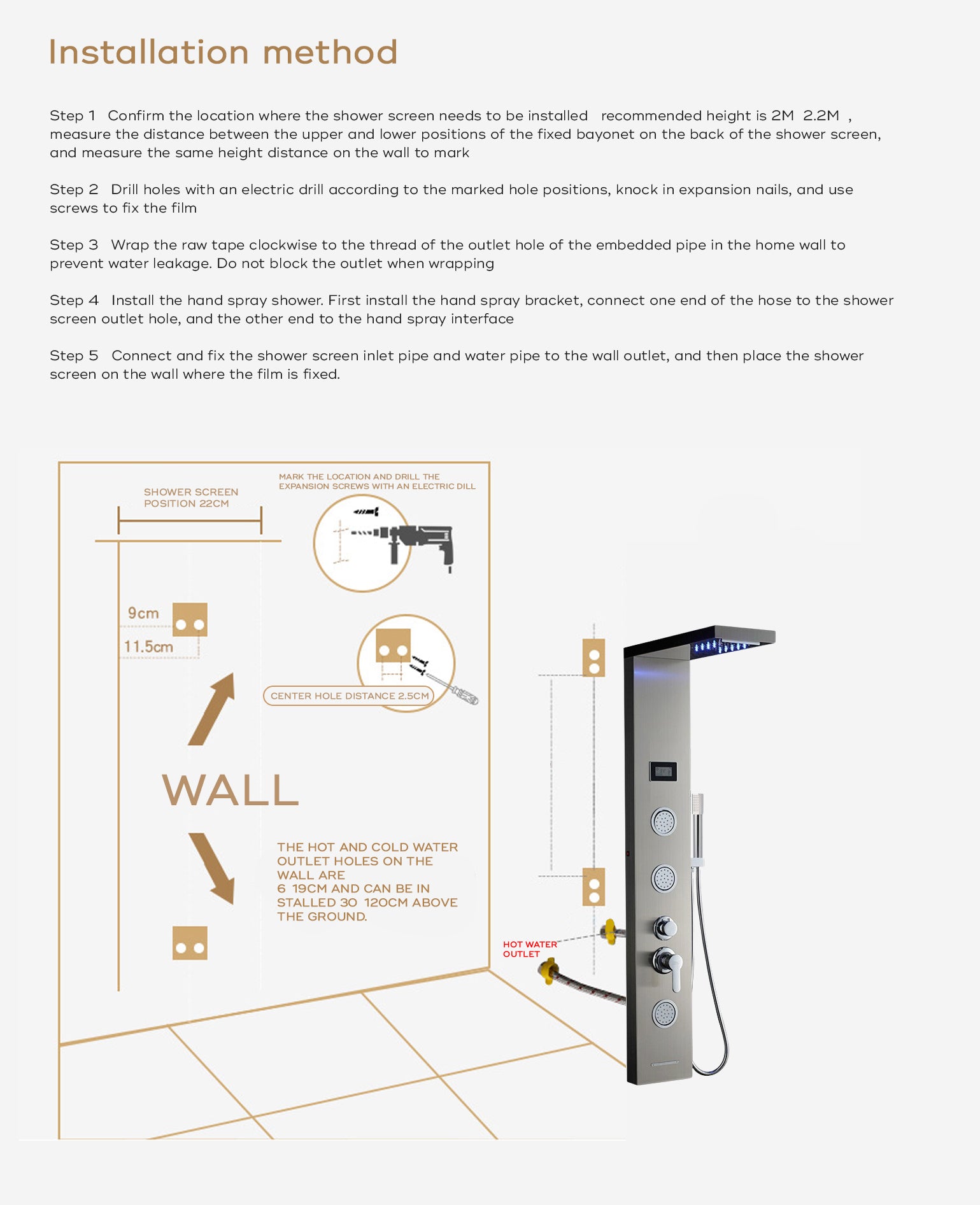 Deluxe Rainfall Shower Panel with 5 Water Modes, Stainless Steel Body, Thermostatic Control & Digital Temperature Display