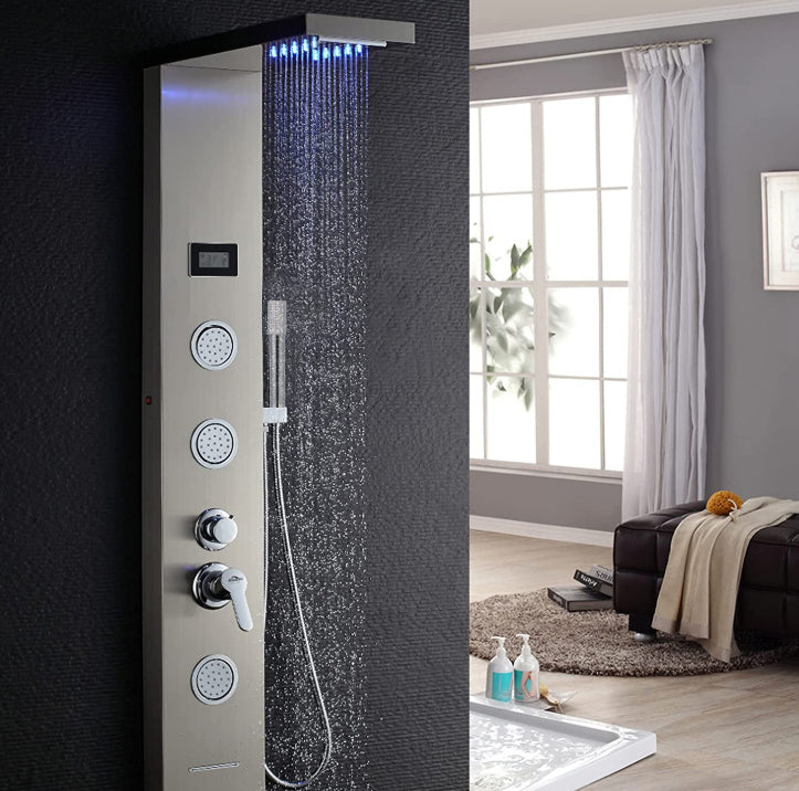Deluxe Rainfall Shower Panel with 5 Water Modes, Stainless Steel Body, Thermostatic Control & Digital Temperature Display