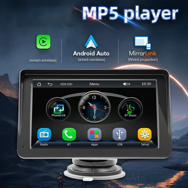All-in-One Smart 7â IPS Touchscreen Portable Car Media Player with Advanced Vehicle Infotainment System, Wireless iOS & Android Auto Support