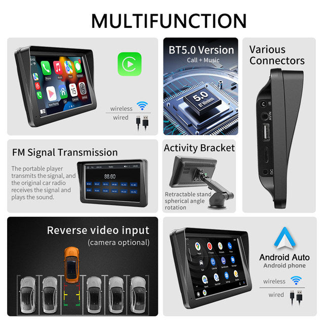 All-in-One Smart 7â IPS Touchscreen Portable Car Media Player with Advanced Vehicle Infotainment System, Wireless iOS & Android Auto Support