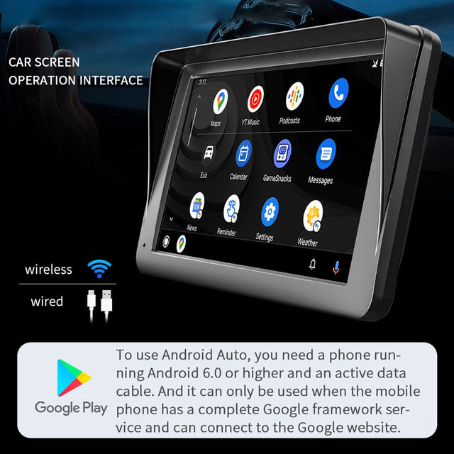 All-in-One Smart 7â IPS Touchscreen Portable Car Media Player with Advanced Vehicle Infotainment System, Wireless iOS & Android Auto Support