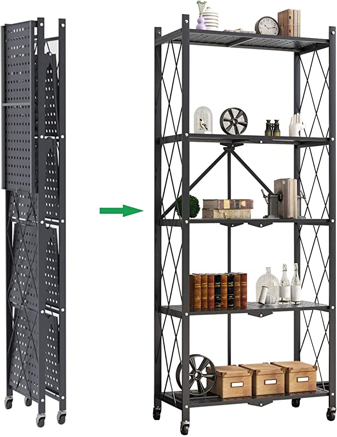 Multi Layer Foldable Metal Storage Rack Organizer with Wheels