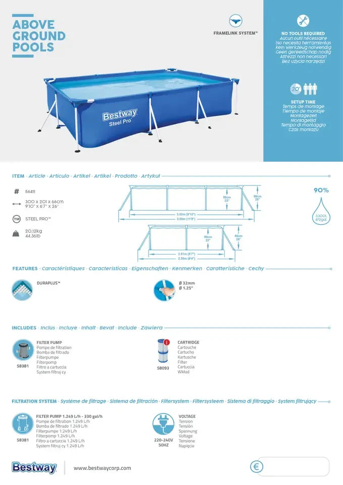Bestway Steel Pro Above Ground Swimming Pool with Corrosion Resistant Frame - 3m x 2.01m x 66cm