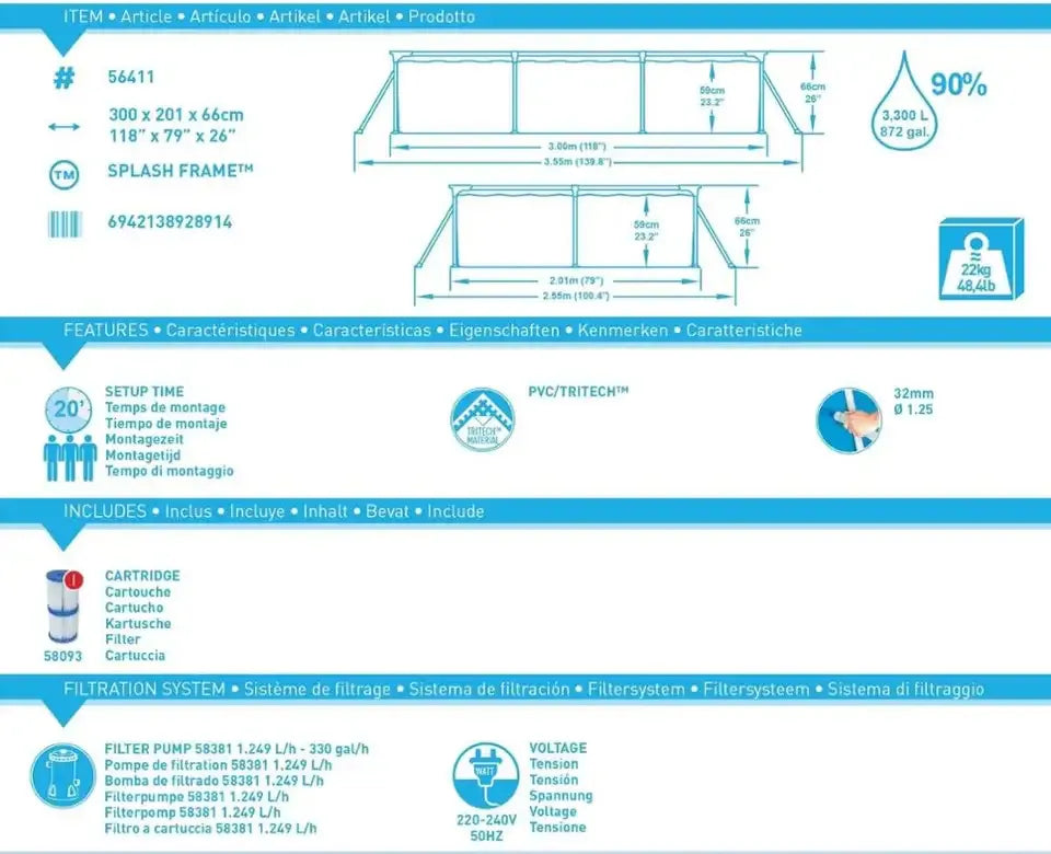 Bestway Steel Pro Above Ground Swimming Pool with Corrosion Resistant Frame - 3m x 2.01m x 66cm