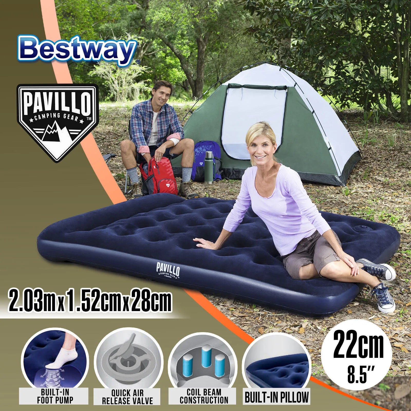 Bestway Pavillo Air Mattress Queen Size with Built-In Foot Pump - Durable Inflatable Bed for Indoor