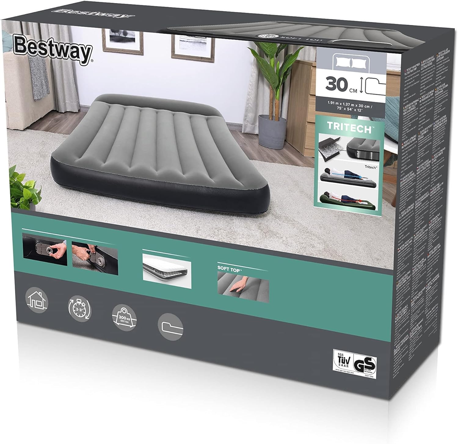 Bestway Tritech Air Comfort Full Size Inflatable Mattress Air Bed with Built-in AC Pump for Home and Travel - 1.91 m x 1.37 m x 30 cm