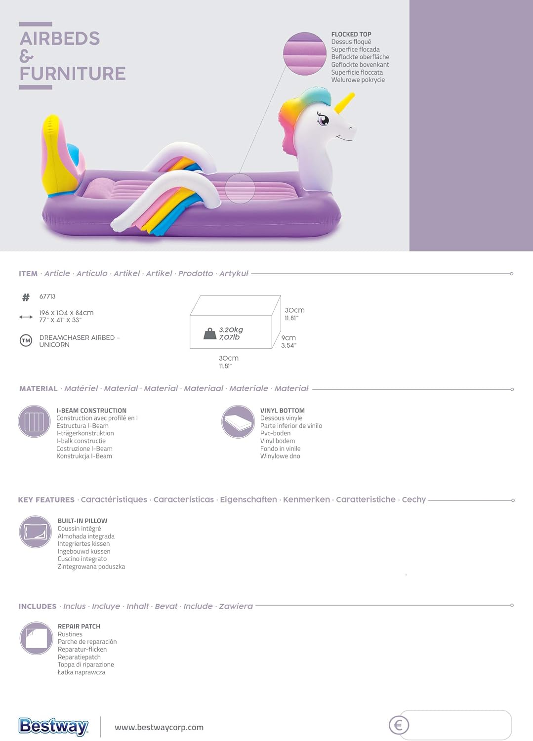 Bestway DreamChaser Unicorn Comfortable Kids Airbed - 1.96 M x 1.04 M x 84 CM