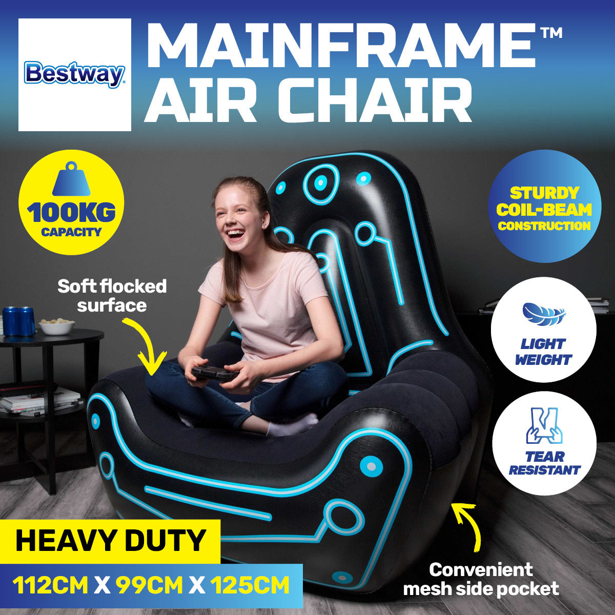 Bestway Inflatable Mainframe Gaming Air Chair Sofa with Armrests and Futuristic Print - 1.12M X 99CM X 1.25M