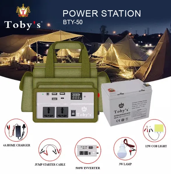 Toby's 50,000 mAh Rechargeable Battery with Built-in Inverter for Multiple Device Use and Jump Start