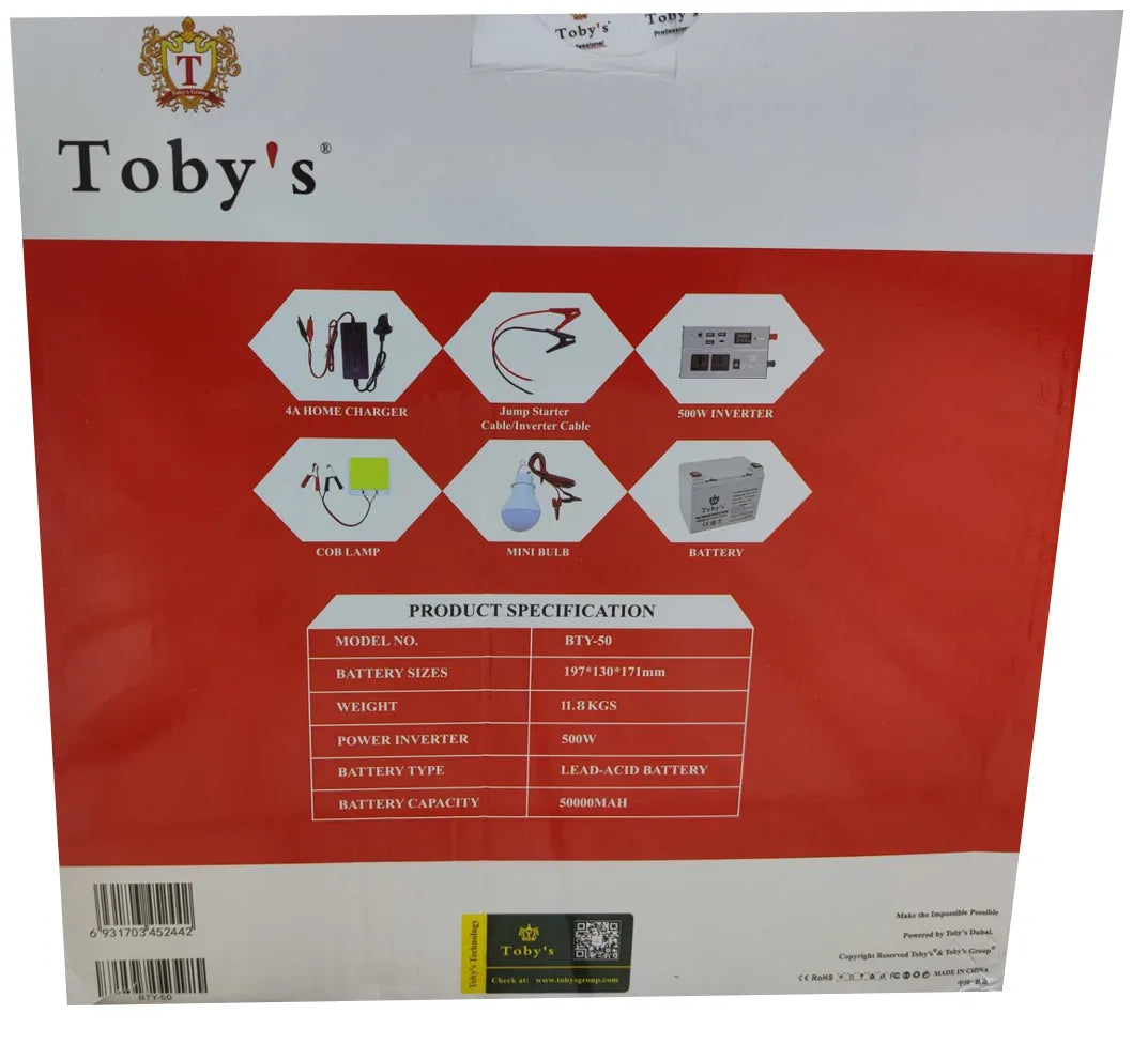Toby's 50,000 mAh Rechargeable Battery with Built-in Inverter for Multiple Device Use and Jump Start