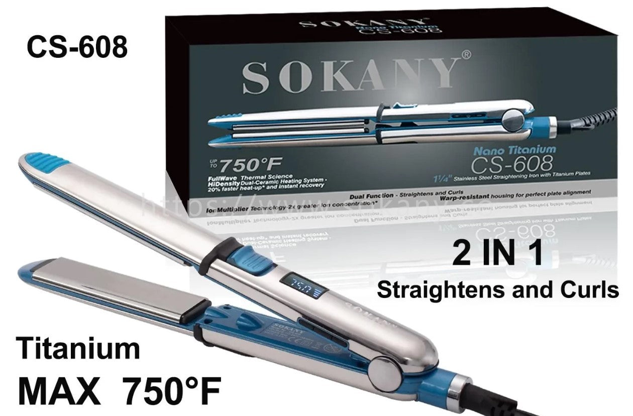 Sokany Titanium Max Hair Straightener - Professional 2-in-1 Straightening and Curling Iron with MCH Heater and LED Display