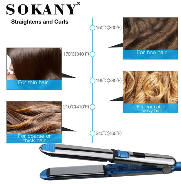 Sokany Titanium Max Hair Straightener - Professional 2-in-1 Straightening and Curling Iron with MCH Heater and LED Display