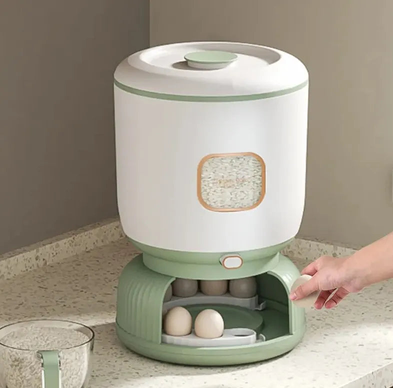 Large 10kg Rice Grain Cereal Dispenser & Storage Container with Rotating Egg Storage & Cup