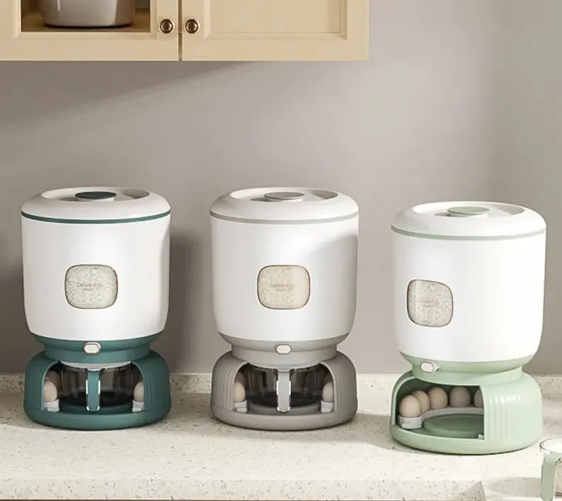 Large 10kg Rice Grain Cereal Dispenser & Storage Container with Rotating Egg Storage & Cup
