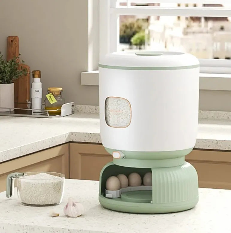 Large 10kg Rice Grain Cereal Dispenser & Storage Container with Rotating Egg Storage & Cup