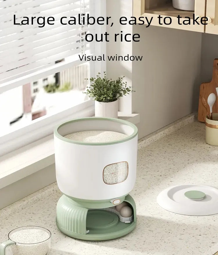 Large 10kg Rice Grain Cereal Dispenser & Storage Container with Rotating Egg Storage & Cup