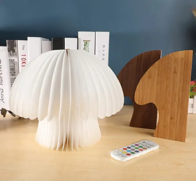 Mushroom Folding Wooden Book Lamp with Remote - Multicolor LED Night Light