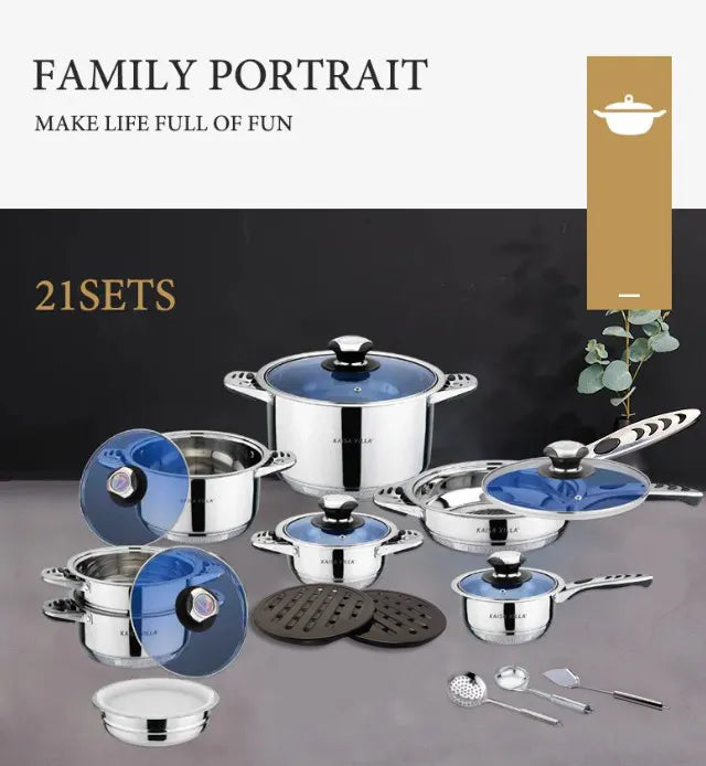 Kaisa Villa 21-Piece Stainless Steel Cookware Set with Clear Glass Lids - Nonstick Pots and Pans for