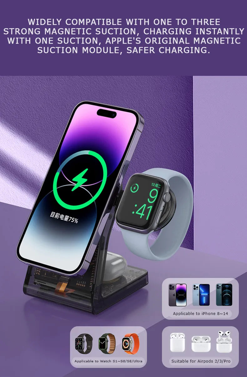3-in-1 15W Magnetic Wireless Mobile & Watch & Earpods Charging Station Dock