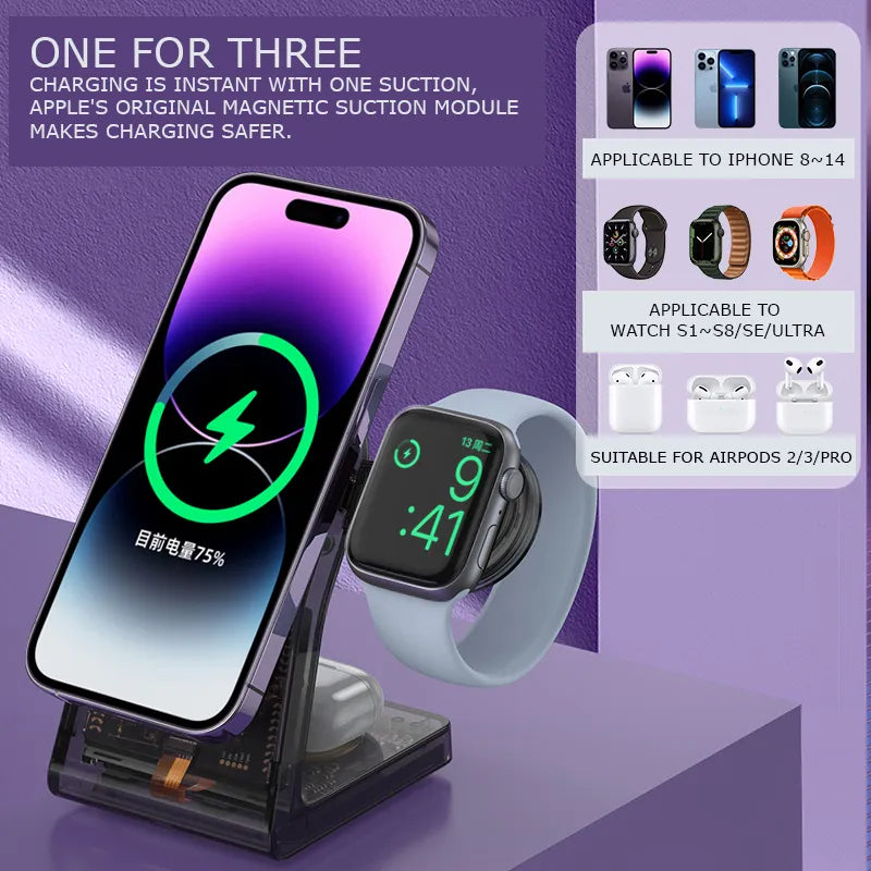 3-in-1 15W Magnetic Wireless Mobile & Watch & Earpods Charging Station Dock