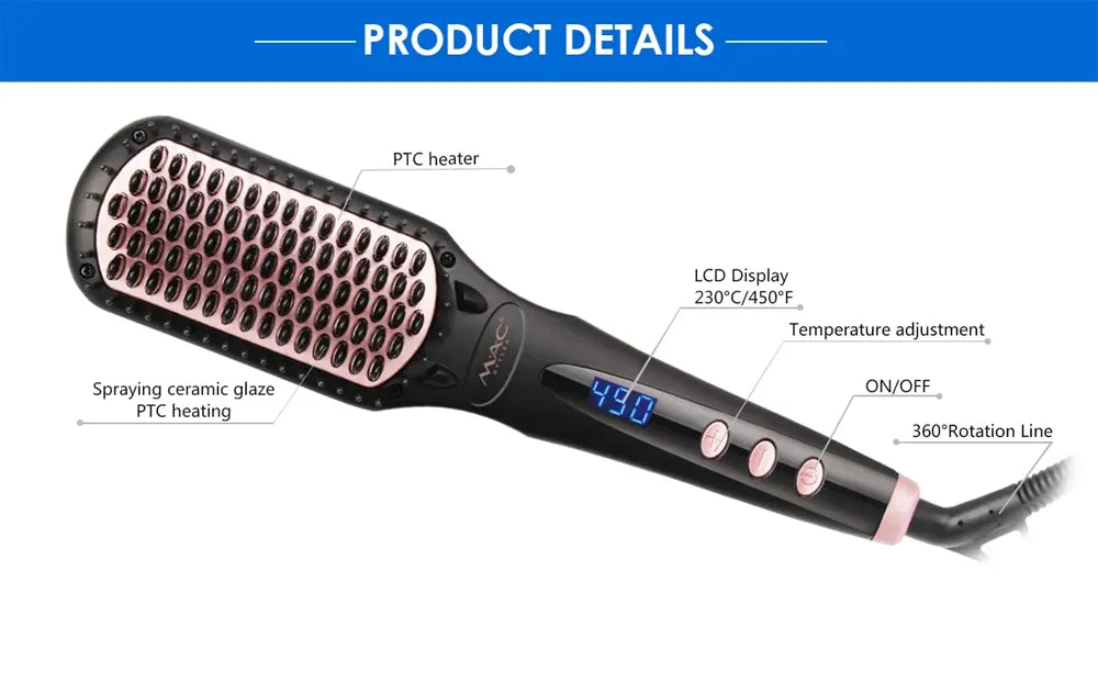 Mac Styler Hair Straightening Brush with Adjustable Temperature & Auto Shut-off