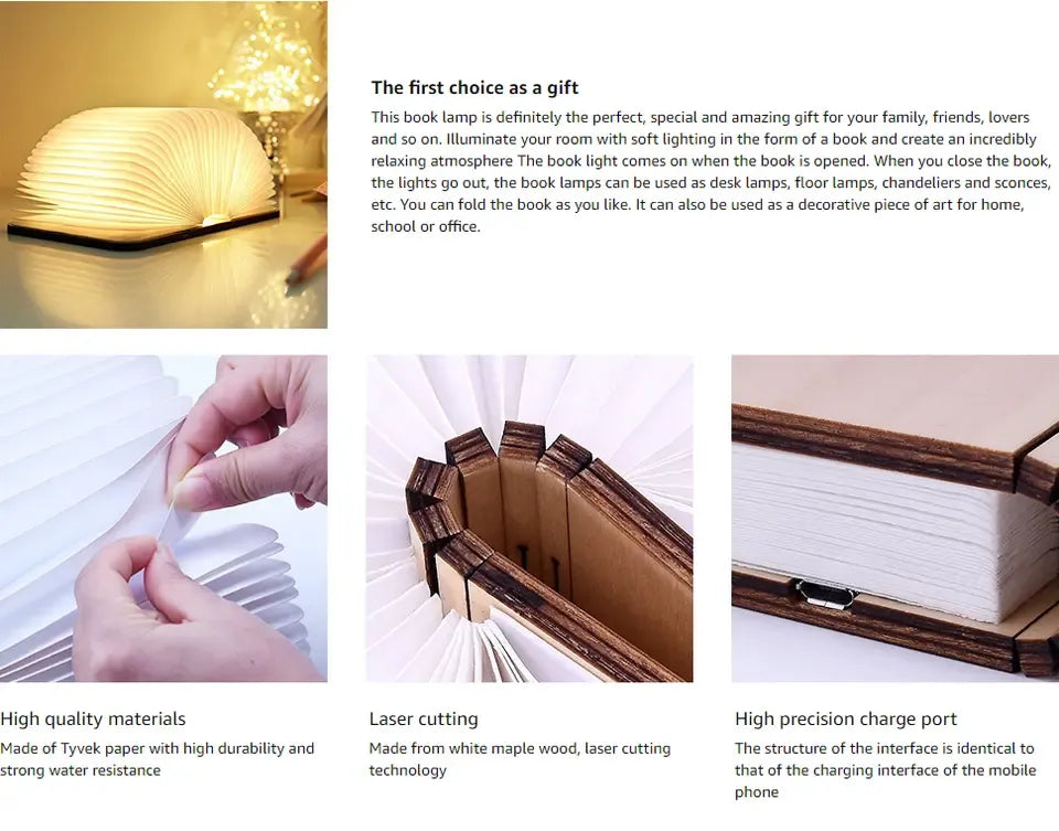 Wooden Folding Book Lamp - USB Rechargeable Book Shaped Light & LED Table Lamp with Magnetic Design