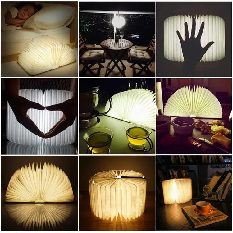 Wooden Folding Book Lamp - USB Rechargeable Book Shaped Light & LED Table Lamp with Magnetic Design