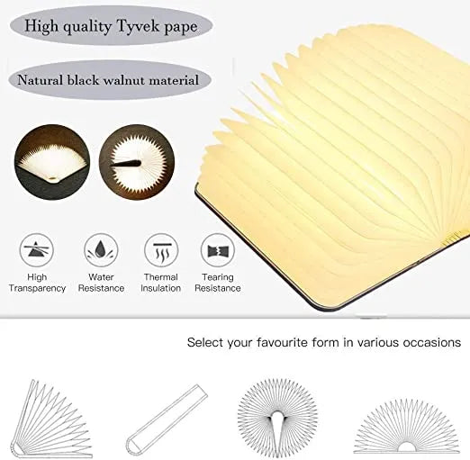 Wooden Folding Book Lamp - USB Rechargeable Book Shaped Light & LED Table Lamp with Magnetic Design
