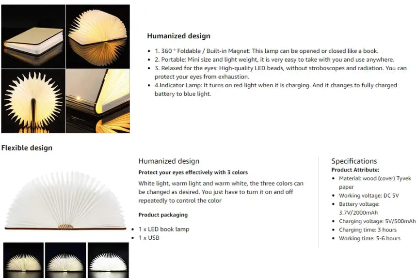 Wooden Folding Book Lamp - USB Rechargeable Book Shaped Light & LED Table Lamp with Magnetic Design