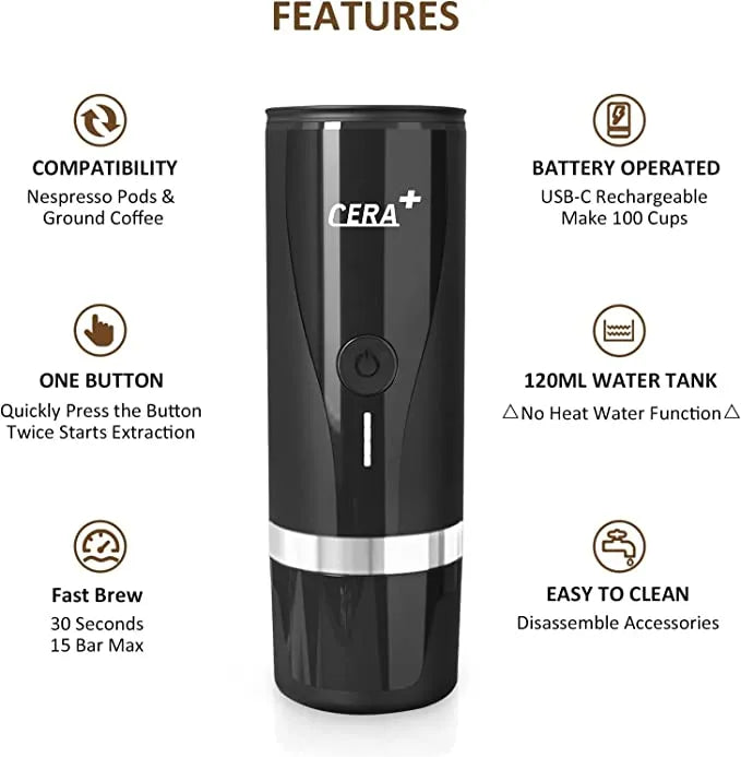 Cera+ 2 in 1 Portable Rechargeable Espresso Coffee Maker Machine - 100ml with One Touch Operation