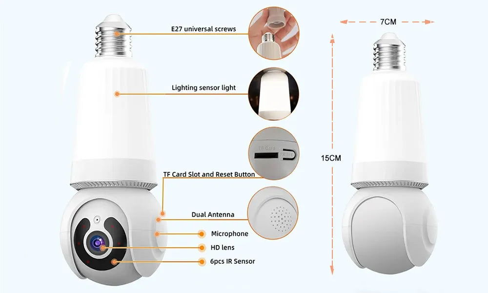 Wireless LED Light WiFi Security Bulb Camera HD 3MP, Two-Way Audio, Motion Detection, Cloud Storage, Night Vision - Smart Home Surveillance System