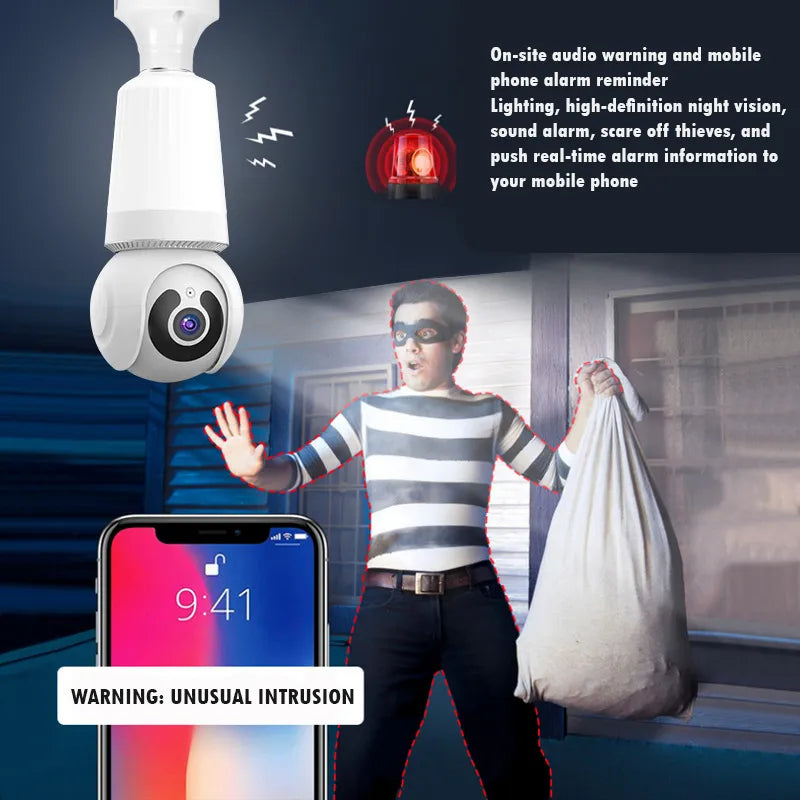 Wireless LED Light WiFi Security Bulb Camera HD 3MP, Two-Way Audio, Motion Detection, Cloud Storage, Night Vision - Smart Home Surveillance System