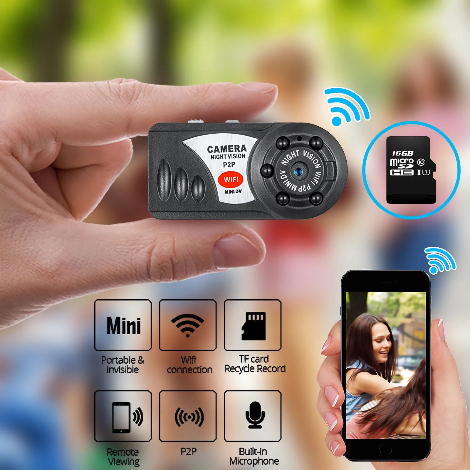 Q7 WiFi Mini HD Camera - Wearable Design with Motion Sensor and P2P Function