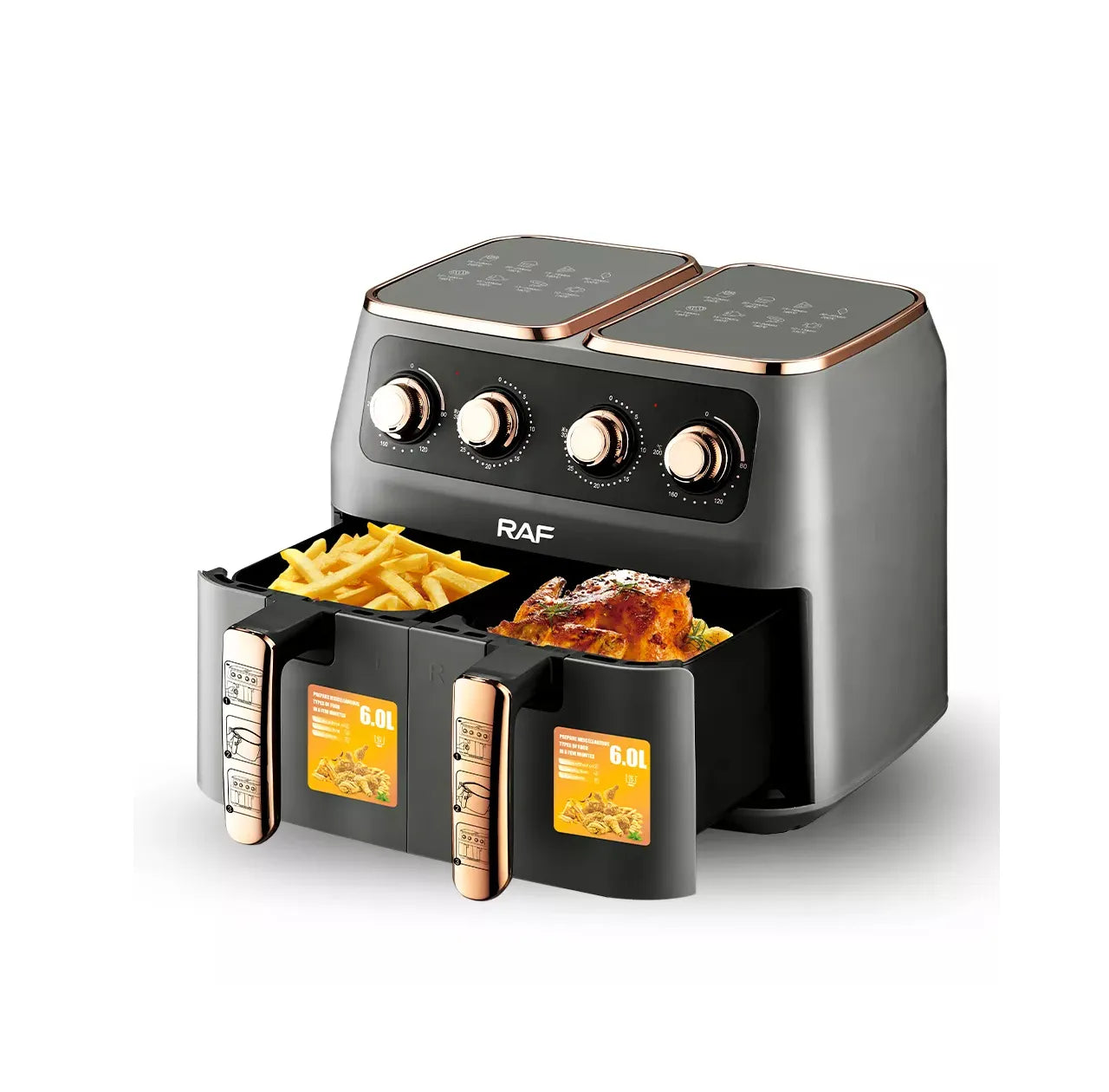 RAF 2800W 6L + 6L Smart Dual Air Fryer with Mechanical Timer, Non-Stick Cooking Surface, Adjustable