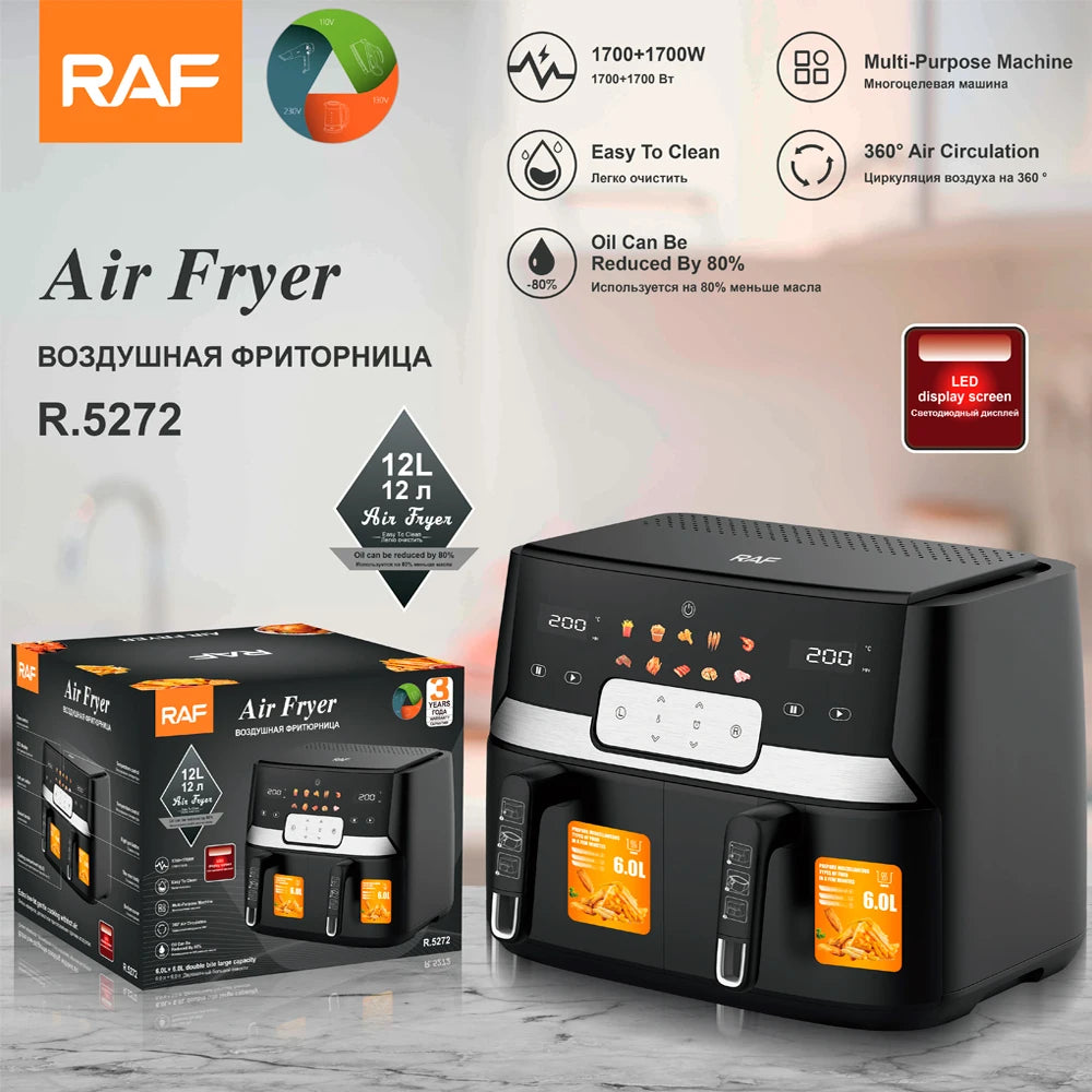 RAF 9L Dual-Basket Smart Air Fryer with 360° Air Circulation Technology - 1700W