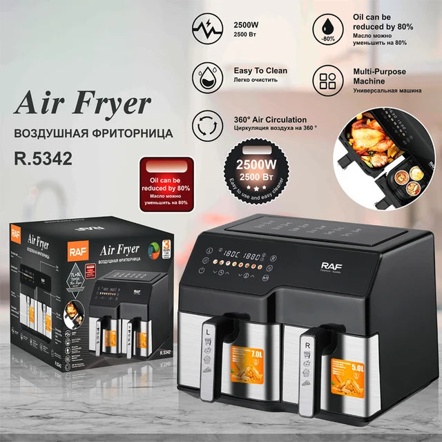 RAF 6L + 4L Dual Baskets Digital Air Fryer with 2-Zone Cooking & LCD Display - 2500W