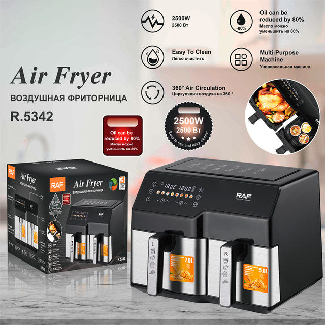 RAF 6L + 4L Dual Baskets Digital Air Fryer with 2-Zone Cooking & LCD Display - 2500W
